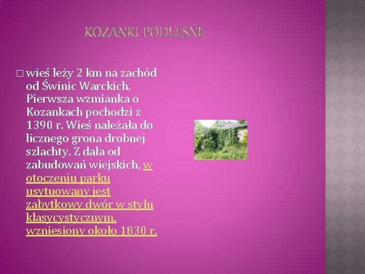 � wieś leży 2 km na zachód od Świnic Warckich. Pierwsza wzmianka o Kozankach