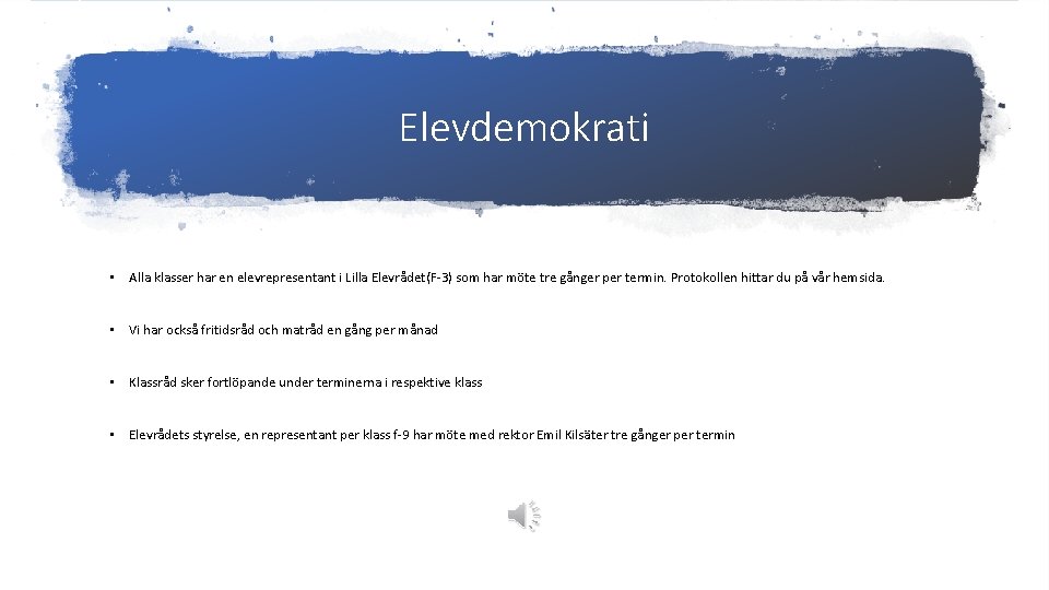 Elevdemokrati • Alla klasser har en elevrepresentant i Lilla Elevrådet(F-3) som har möte tre