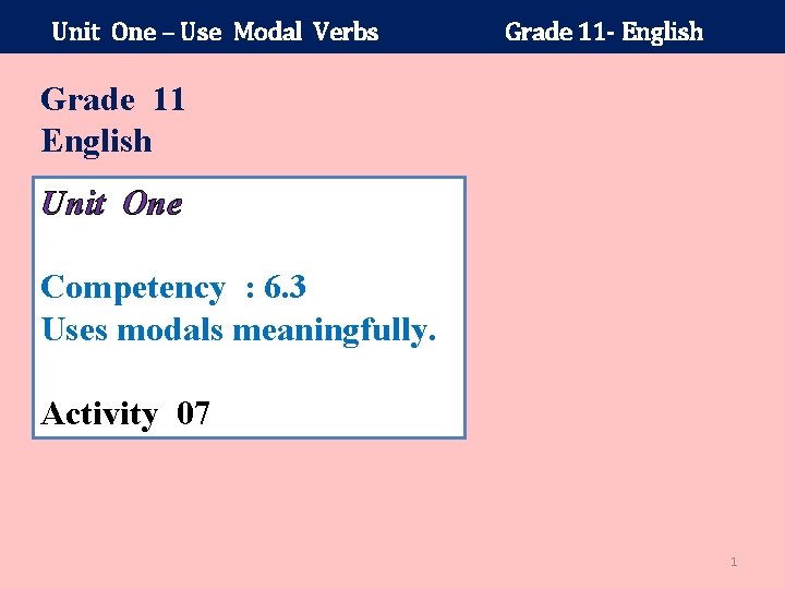 Unit One – Use Modal Verbs Grade 11 - English Grade 11 English Unit