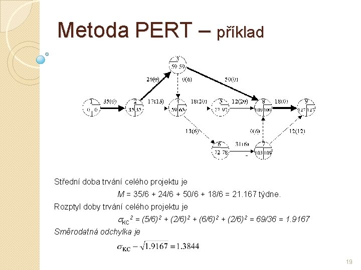 Metoda PERT – příklad Střední doba trvání celého projektu je M = 35/6 +