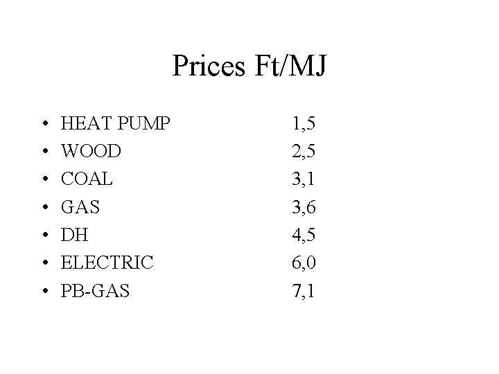 Prices Ft/MJ • • HEAT PUMP WOOD COAL GAS DH ELECTRIC PB-GAS 1, 5