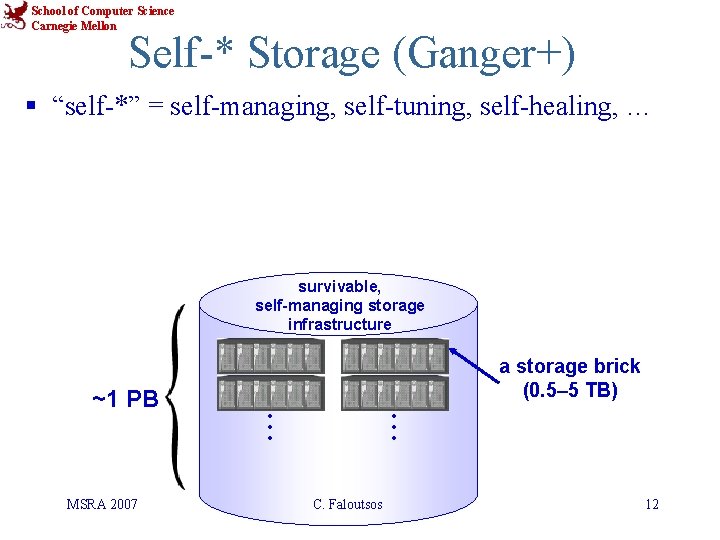 School of Computer Science Carnegie Mellon Self-* Storage (Ganger+) § “self-*” = self-managing, self-tuning,