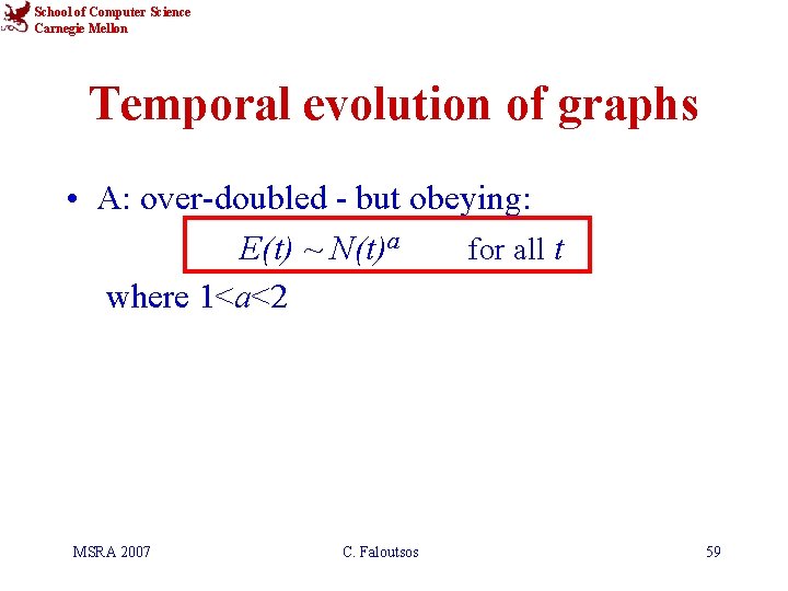 School of Computer Science Carnegie Mellon Temporal evolution of graphs • A: over-doubled -