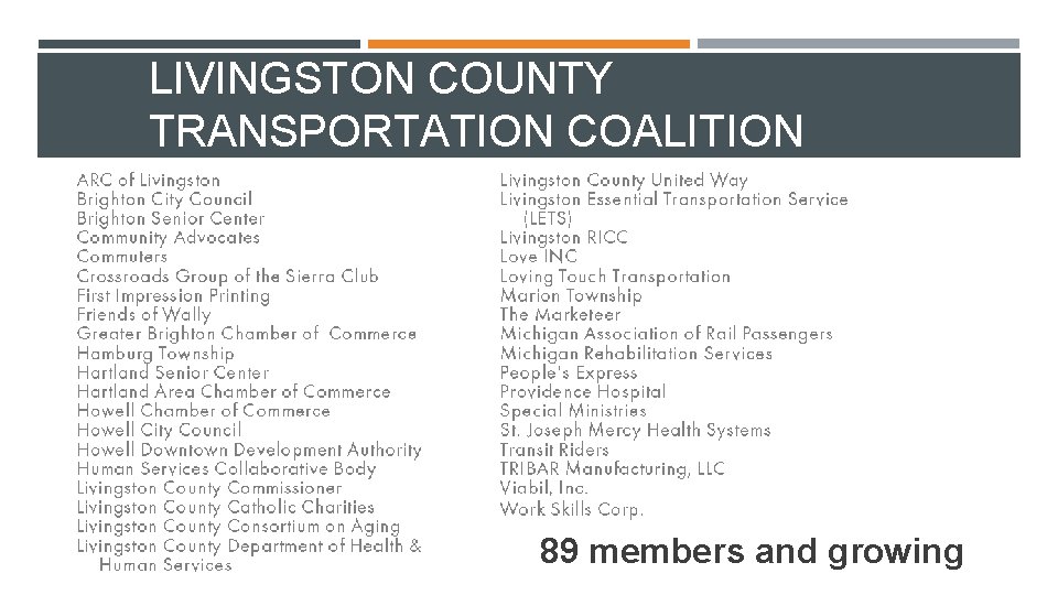 LIVINGSTON COUNTY TRANSPORTATION COALITION 89 members and growing 