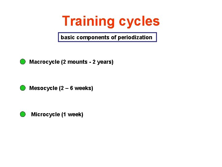 Training cycles basic components of periodization Macrocycle (2 mounts - 2 years) Mesocycle (2