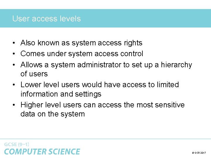 User access levels • Also known as system access rights • Comes under system