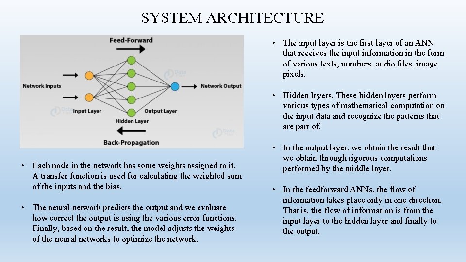 SYSTEM ARCHITECTURE • The input layer is the first layer of an ANN that