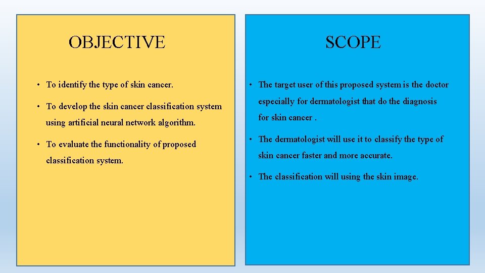 OBJECTIVE • To identify the type of skin cancer. • To develop the skin
