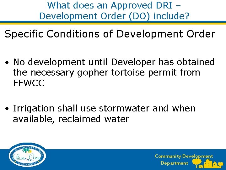 What does an Approved DRI – Development Order (DO) include? Specific Conditions of Development What does an Approved DRI – Development Order (DO) include? Specific Conditions of Development