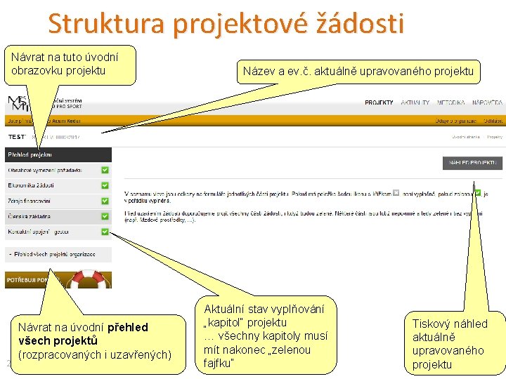 Struktura projektové žádosti Návrat na tuto úvodní obrazovku projektu 23 Návrat na úvodní přehled