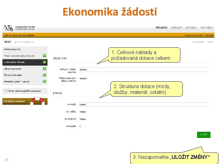 Ekonomika žádosti 1. Celkové náklady a požadovaná dotace celkem 2. Struktura dotace (mzdy, služby,