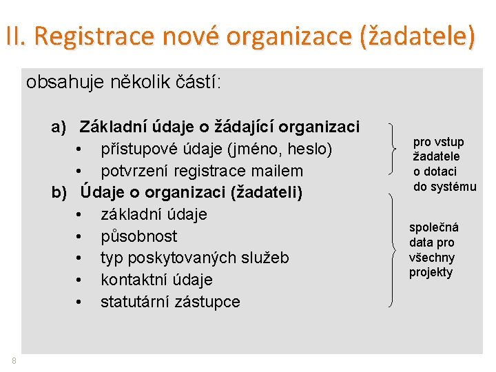 II. Registrace nové organizace (žadatele) obsahuje několik částí: a) Základní údaje o žádající organizaci