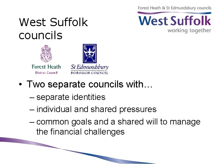 West Suffolk councils • Two separate councils with… – separate identities – individual and