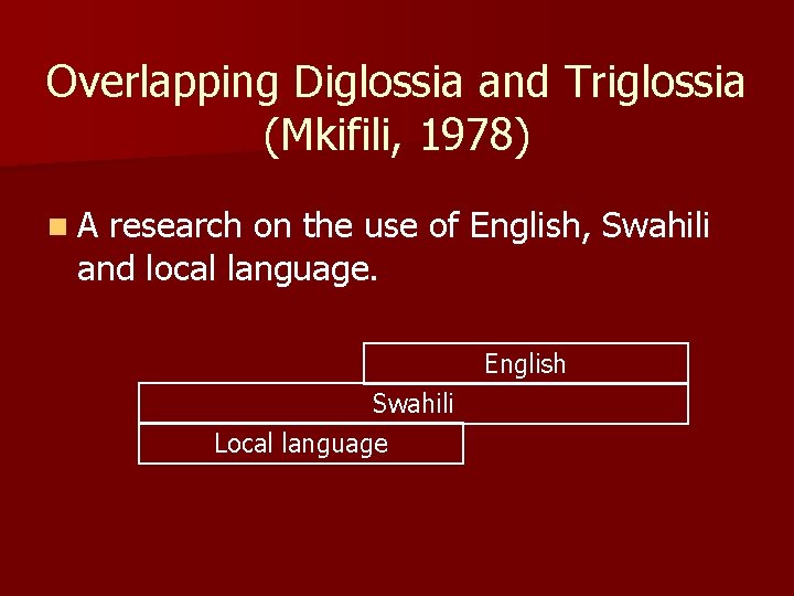 Overlapping Diglossia and Triglossia (Mkifili, 1978) n. A research on the use of English,