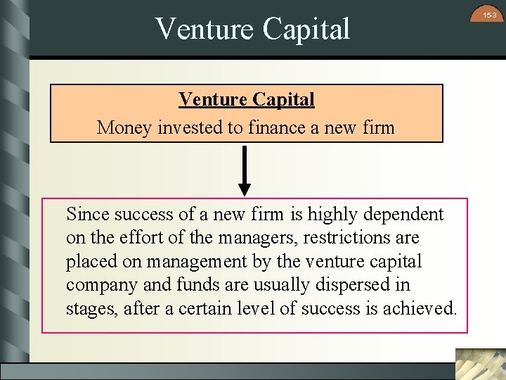 Venture Capital Money invested to finance a new firm Since success of a new