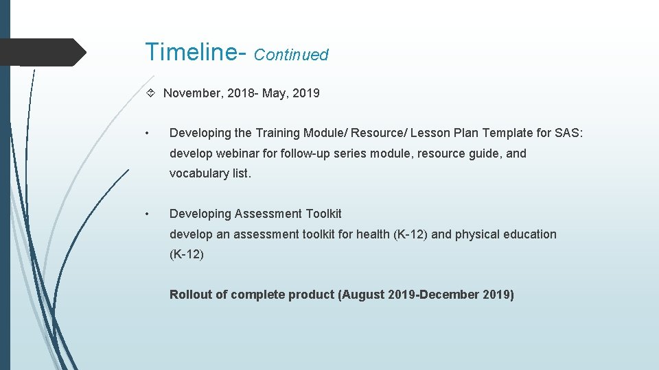 Timeline- Continued November, 2018 - May, 2019 • Developing the Training Module/ Resource/ Lesson
