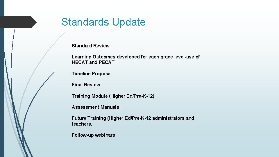 Standards Update Standard Review Learning Outcomes developed for each grade level-use of HECAT and