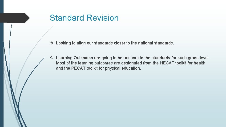 Standard Revision Looking to align our standards closer to the national standards. Learning Outcomes