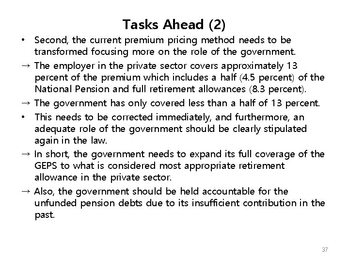 Tasks Ahead (2) • Second, the current premium pricing method needs to be transformed