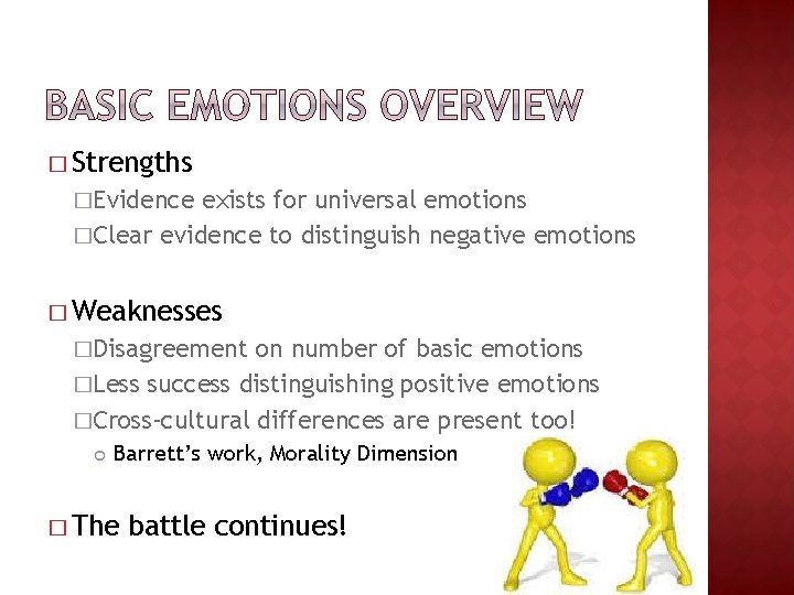� Strengths �Evidence exists for universal emotions �Clear evidence to distinguish negative emotions � � Strengths �Evidence exists for universal emotions �Clear evidence to distinguish negative emotions �