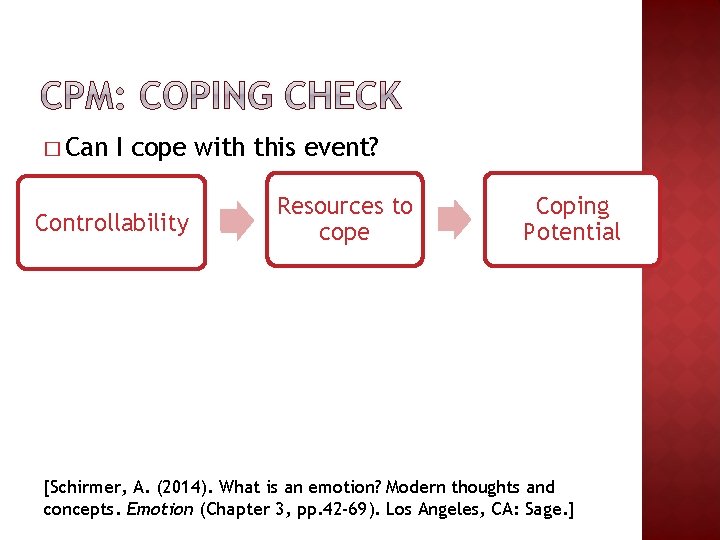 � Can I cope with this event? Controllability Resources to cope Coping Potential [Schirmer, � Can I cope with this event? Controllability Resources to cope Coping Potential [Schirmer,