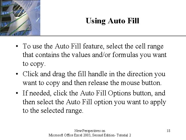 XP Using Auto Fill • To use the Auto Fill feature, select the cell