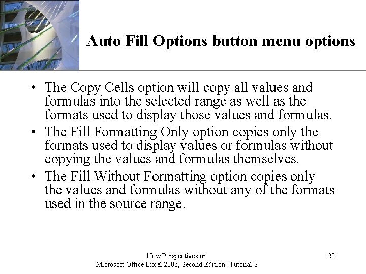 XP Auto Fill Options button menu options • The Copy Cells option will copy