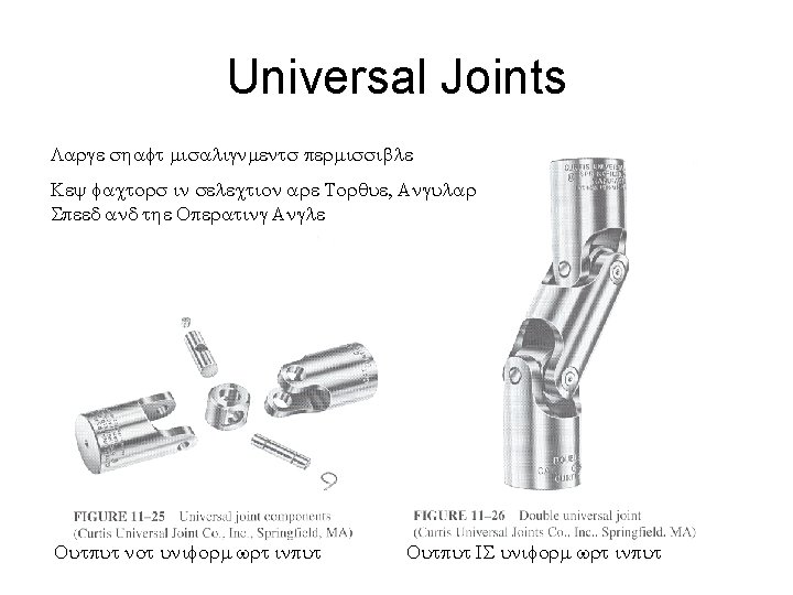 Universal Joints Large shaft misalignments permissible Key factors in selection are Torque, Angular Speed