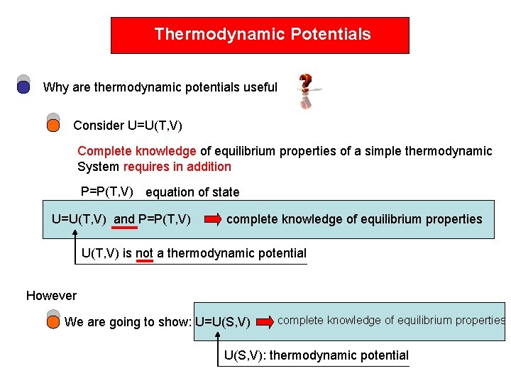 Thermodynamic Potentials Why are thermodynamic potentials useful Consider U=U(T, V) Complete knowledge of equilibrium
