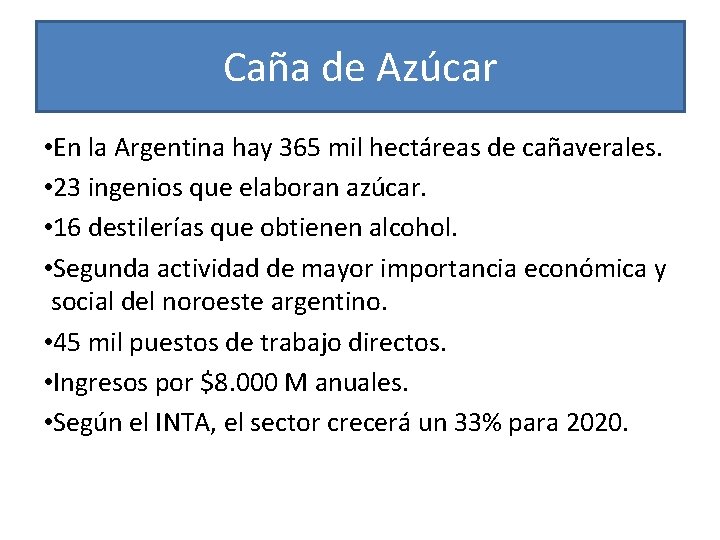 Caña de Azúcar • En la Argentina hay 365 mil hectáreas de cañaverales. •