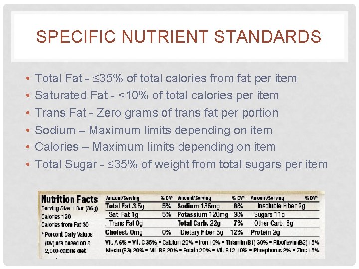 SPECIFIC NUTRIENT STANDARDS • • • Total Fat - ≤ 35% of total calories