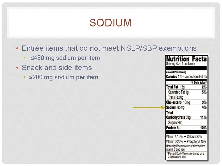SODIUM • Entrée items that do not meet NSLP/SBP exemptions • ≤ 480 mg