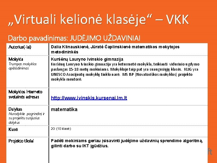 „Virtuali kelionė klasėje“ – VKK Darbo pavadinimas: JUDĖJIMO UŽDAVINIAI Autorius(-iai) Dalia Klinauskienė, Jūratė Čaplinskienė