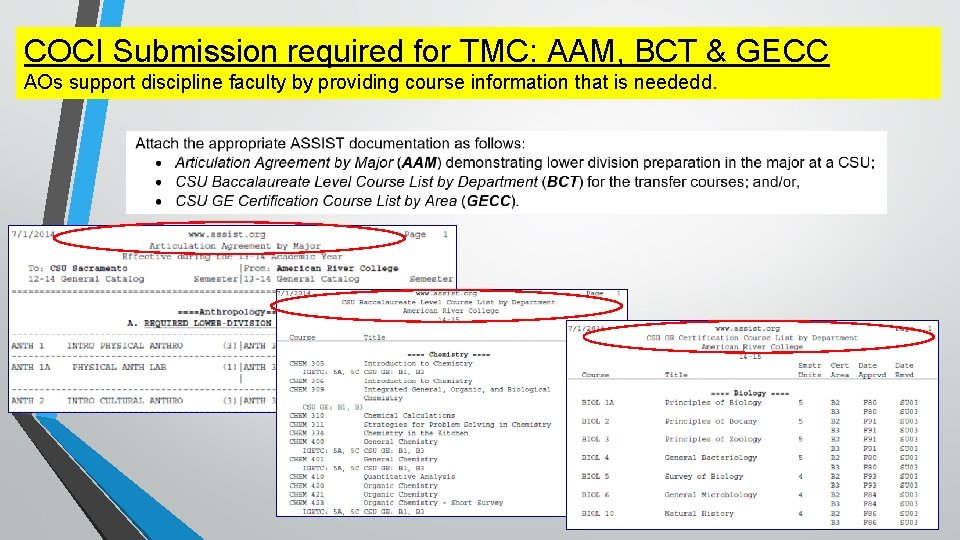 COCI Submission required for TMC: AAM, BCT & GECC AOs support discipline faculty by