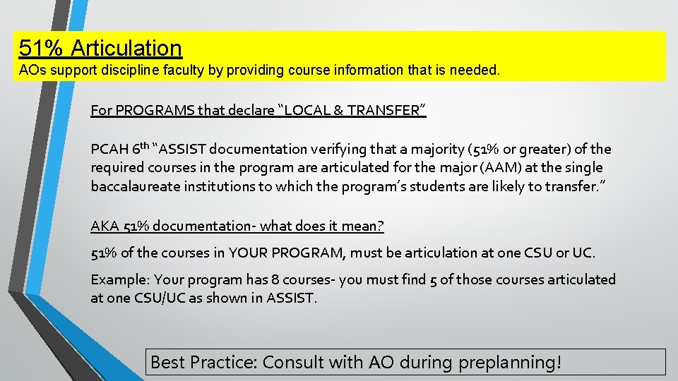 51% Articulation Program development AOs support discipline faculty by providing course information that is