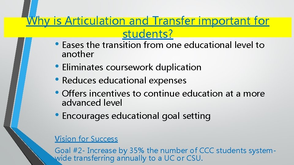 Why is Articulation and Transfer important for students? • Eases the transition from one