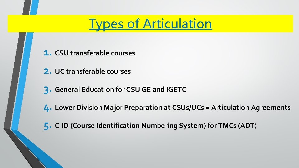 Types of Articulation 1. CSU transferable courses 2. UC transferable courses 3. General Education