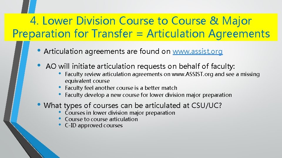 4. Lower Division Course to Course & Major Preparation for Transfer = Articulation Agreements