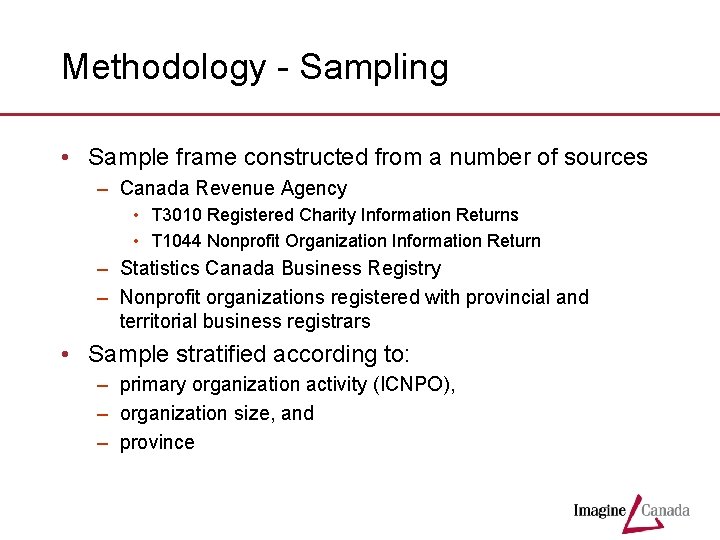 Methodology - Sampling • Sample frame constructed from a number of sources – Canada