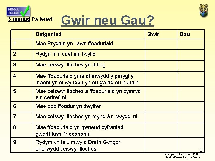 5 munud i’w lenwi! Gwir neu Gau? Datganiad 1 Mae Prydain yn llawn ffoaduriaid