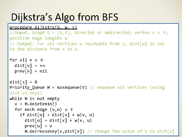 Dijkstra’s Algo from BFS procedure dijkstra(G, w, s) //Input: Graph G = (V, E),