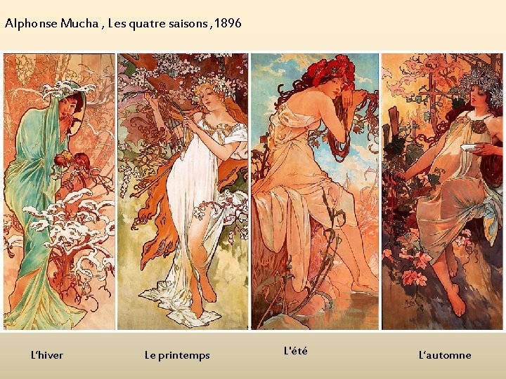 Alphonse Mucha , Les quatre saisons , 1896 L’hiver Le printemps L'été L’automne 