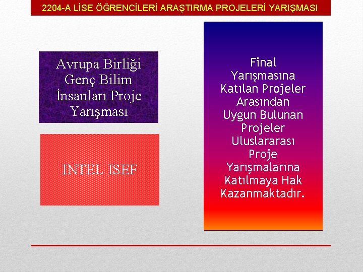 2204 -A LİSE ÖĞRENCİLERİ ARAŞTIRMA PROJELERİ YARIŞMASI Avrupa Birliği Genç Bilim İnsanları Proje Yarışması