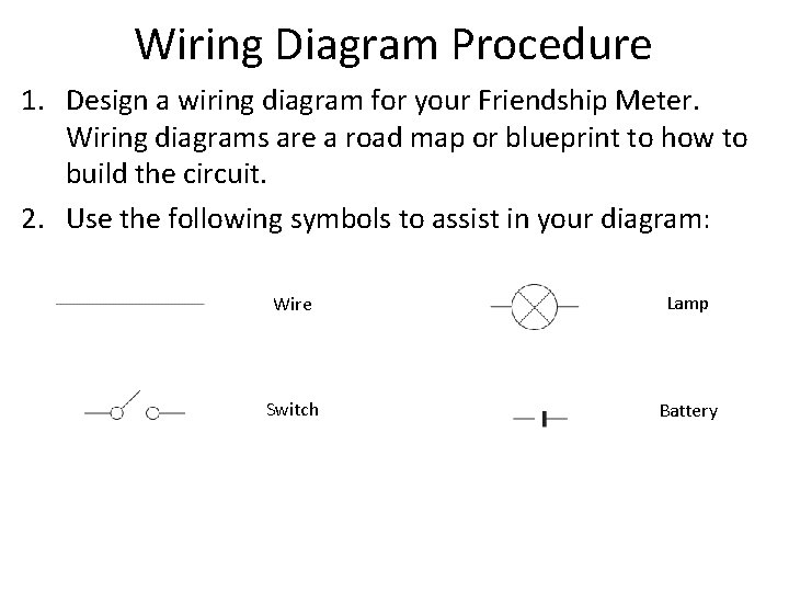 Wiring Diagram Procedure 1. Design a wiring diagram for your Friendship Meter. Wiring diagrams