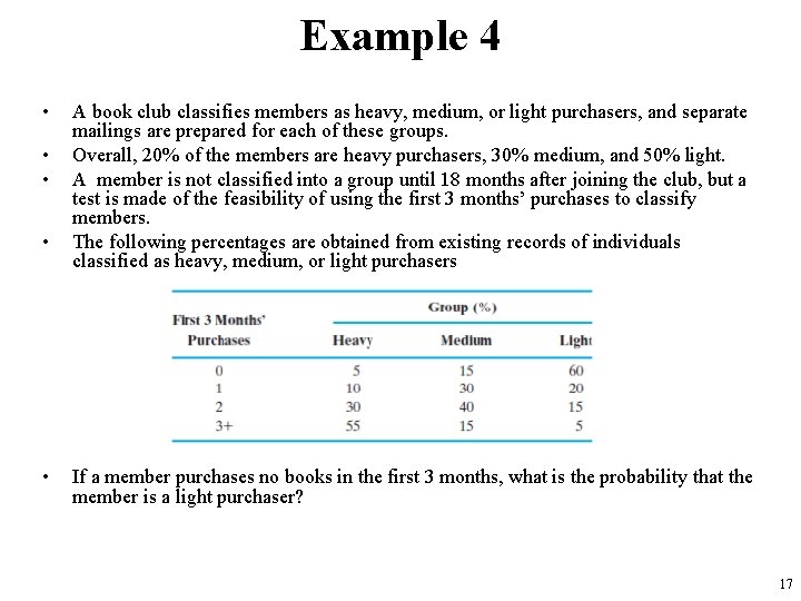 Example 4 • • • A book club classifies members as heavy, medium, or