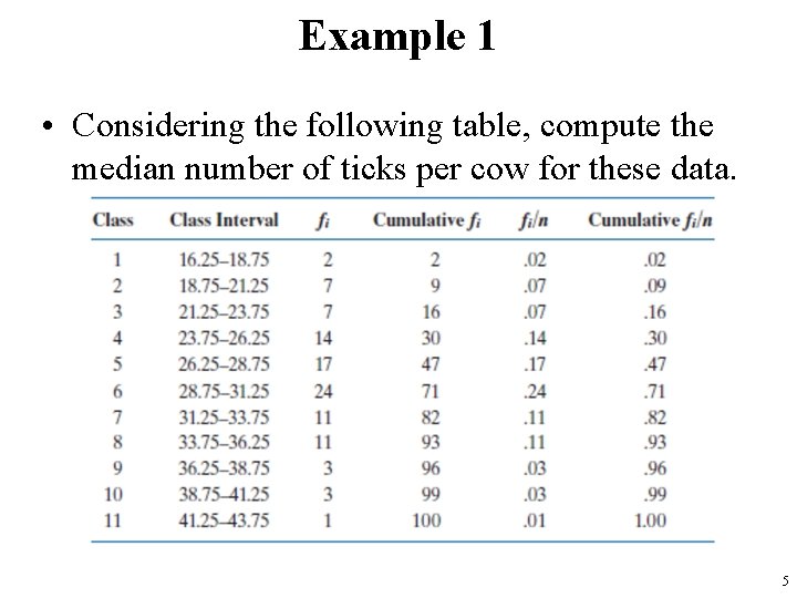 Example 1 • Considering the following table, compute the median number of ticks per