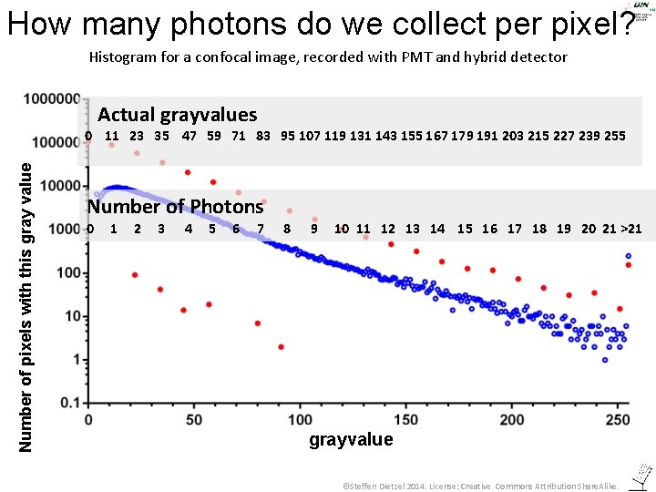 How many photons do we collect per pixel? Histogram for a confocal image, recorded
