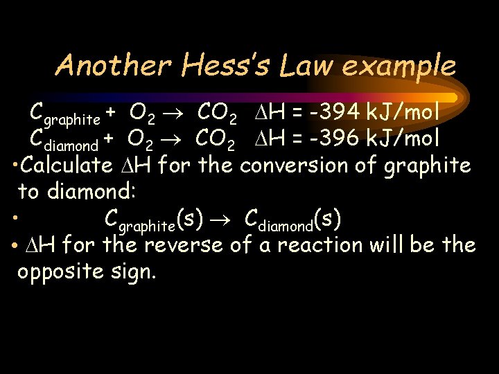 Another Hess’s Law example Cgraphite + O 2 CO 2 H = -394 k.