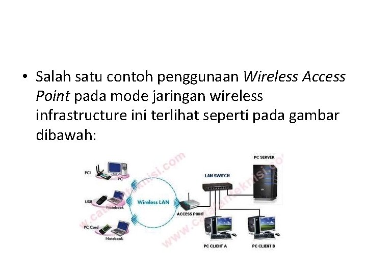  • Salah satu contoh penggunaan Wireless Access Point pada mode jaringan wireless infrastructure