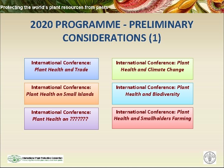 2020 PROGRAMME - PRELIMINARY CONSIDERATIONS (1) International Conference: Plant Health and Trade International Conference: